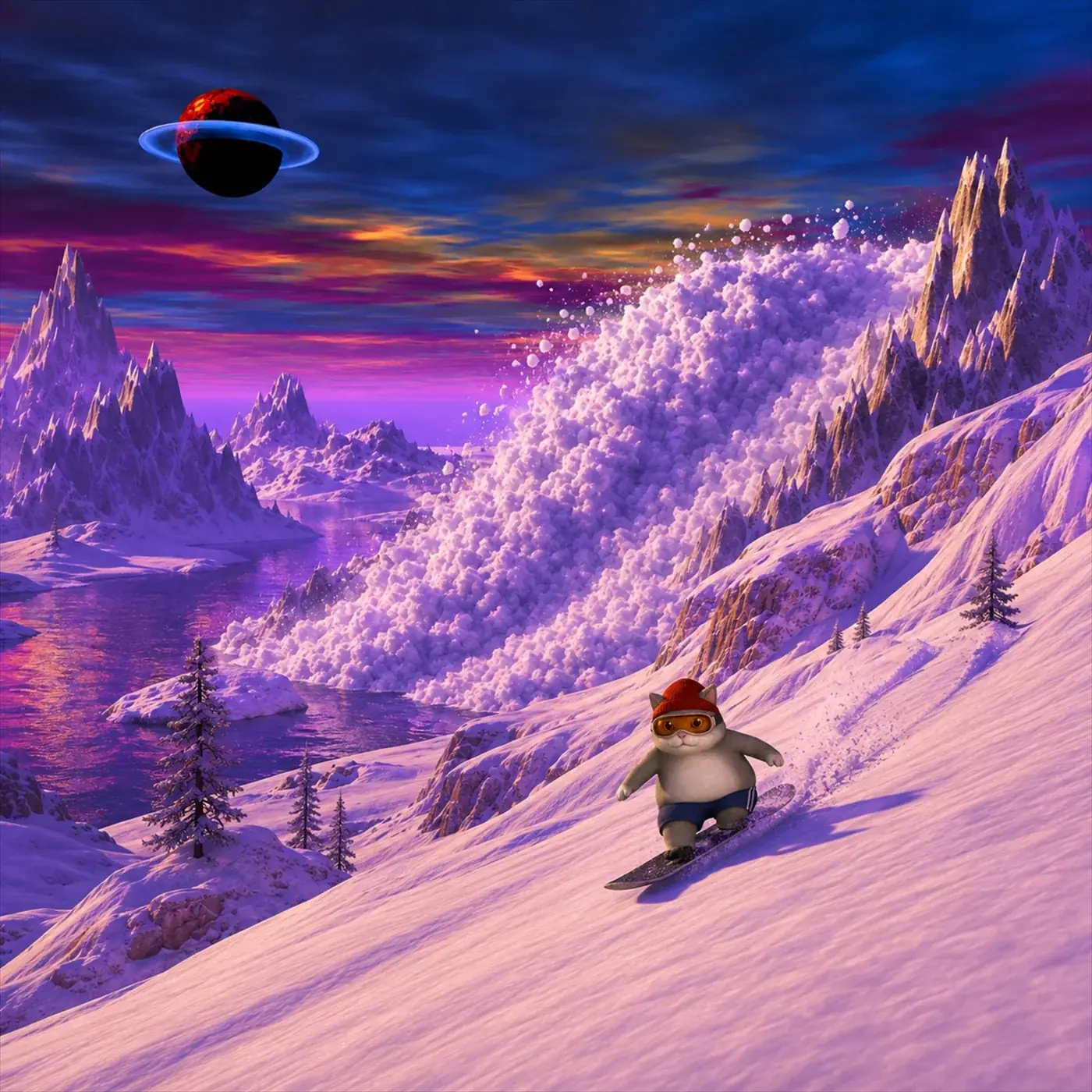 Cat snowboarding away from an avalanche