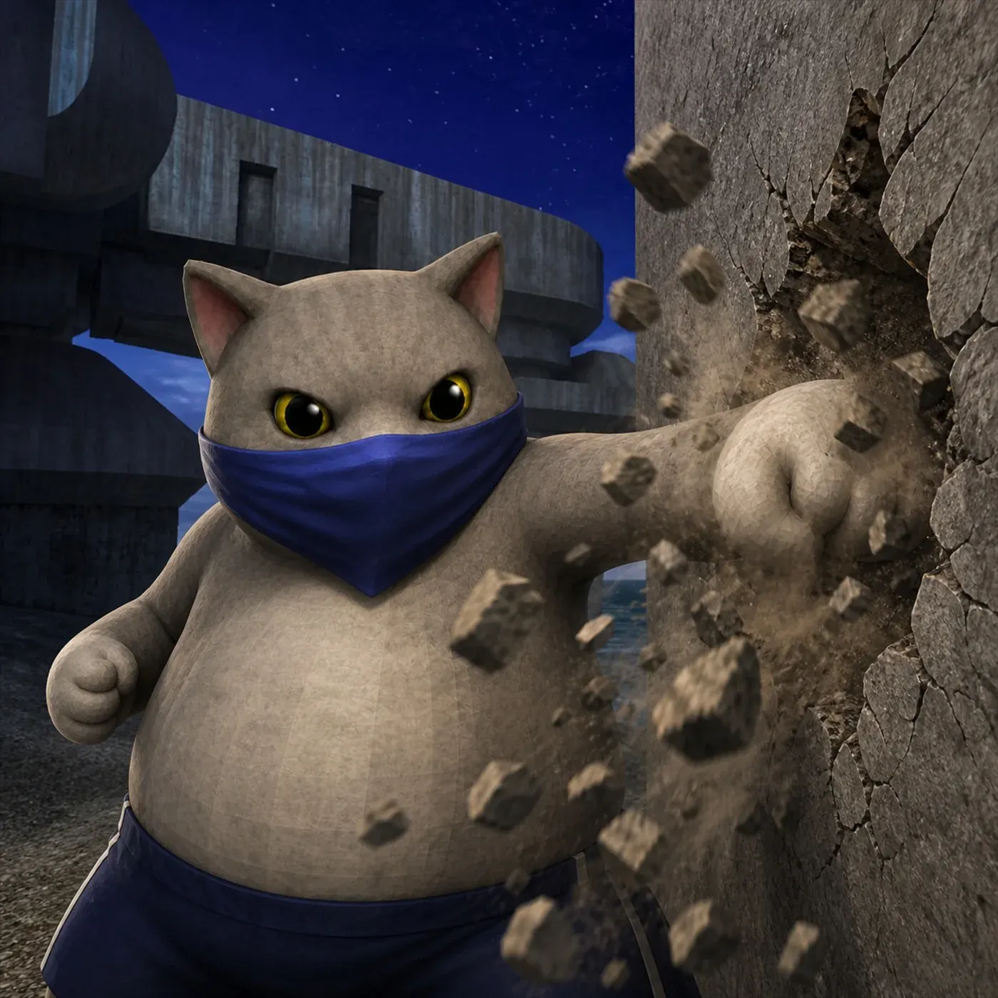 Cat punching through a stone wall